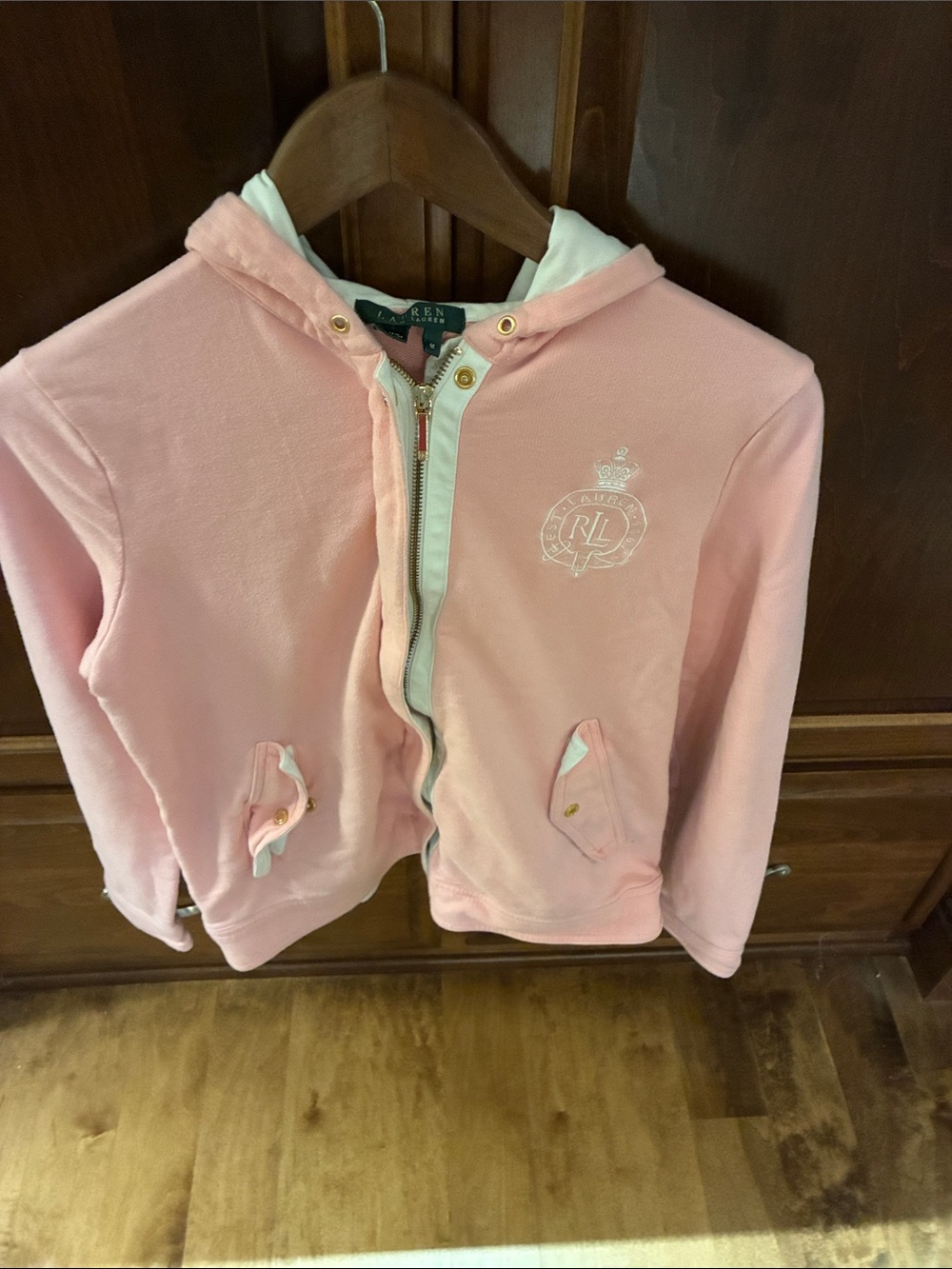 Ralph Lauren Light Pink Hooded Zip Sweatshirt with White Trim